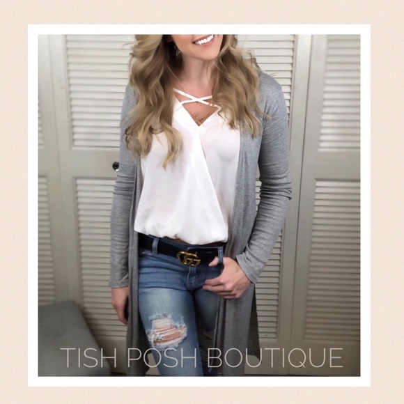 ARIA Grey Ribbed Side Slit Cardigan Sweater - Picture 2 of 7